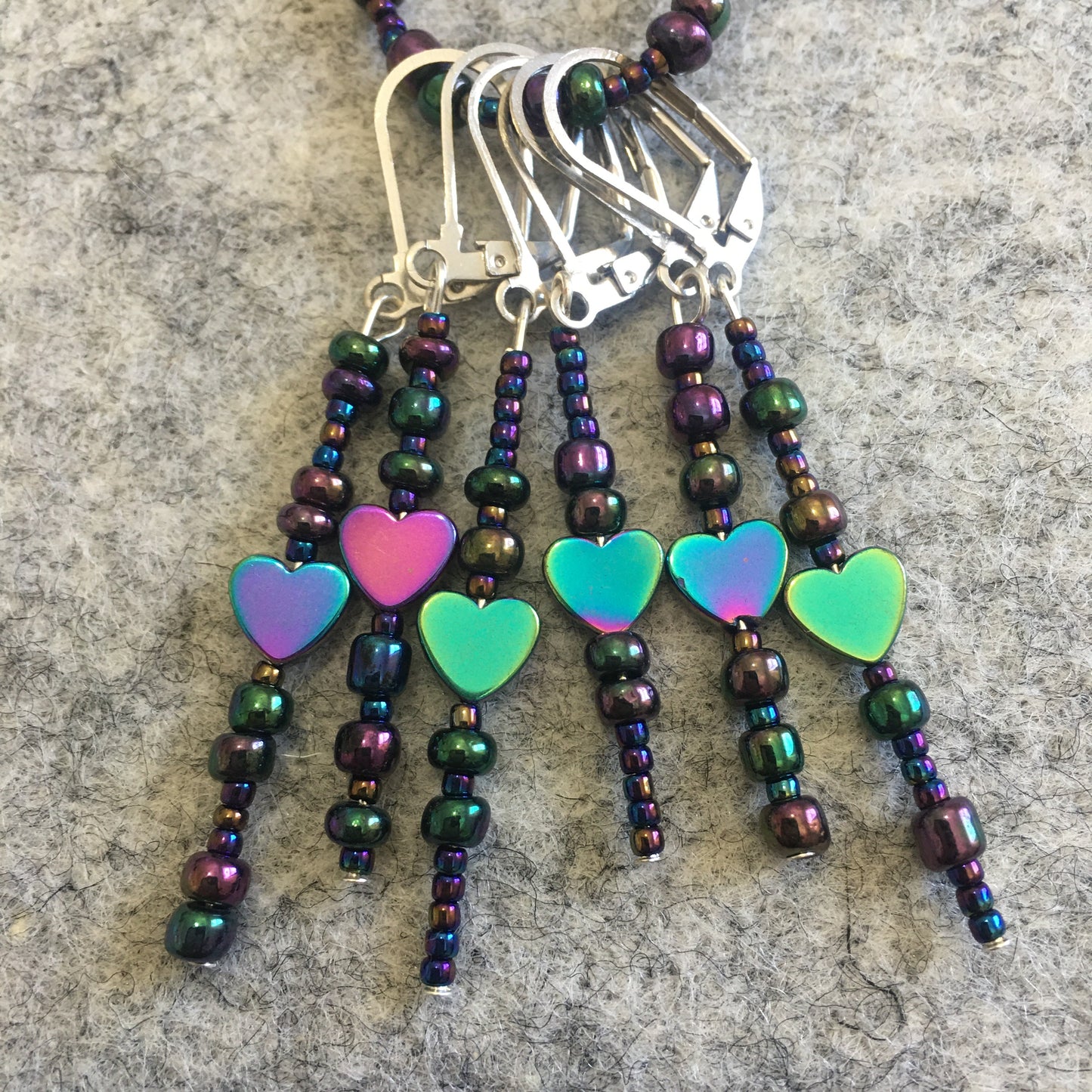 Iridescent Hearts Stitch marker Sets with matching keeper clip