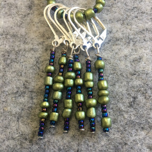 Blue Iridescent Green Stitch marker Sets with matching keeper clip