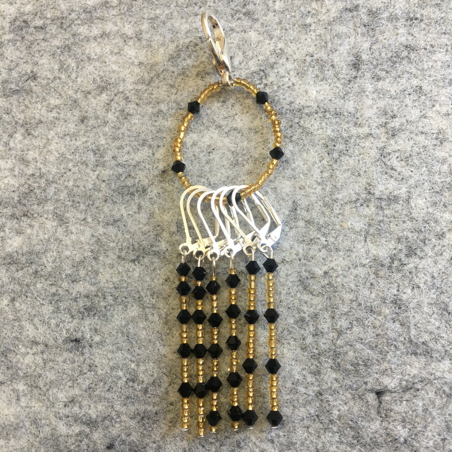 Art Deco Black Gold Stitch marker Sets with matching keeper clip